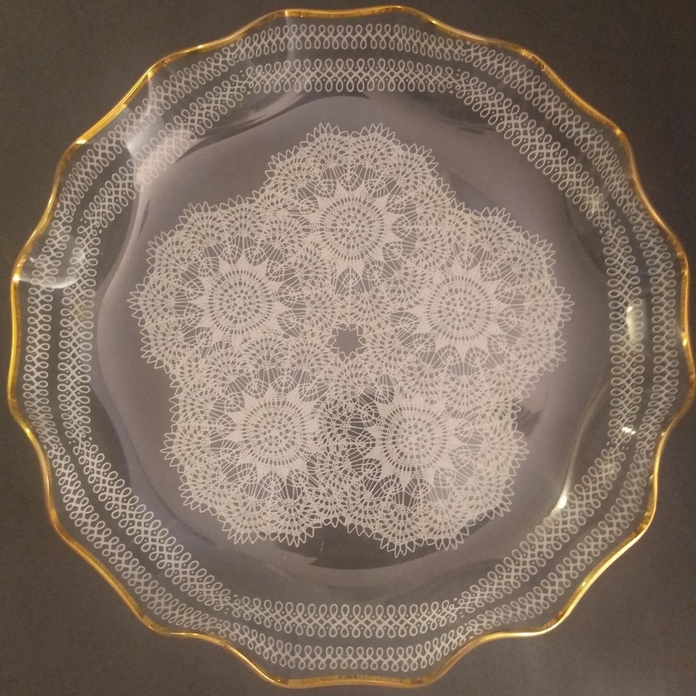 Vintage Chance Bro Clear Crystal Lace Doily Design Gold Gilded Ruffled Edge 70's